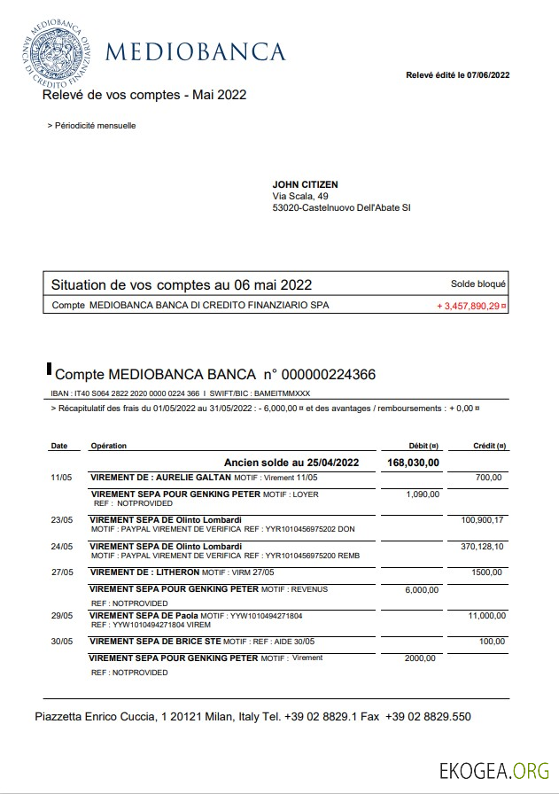 Relevé bancaire Italie Mediobanca